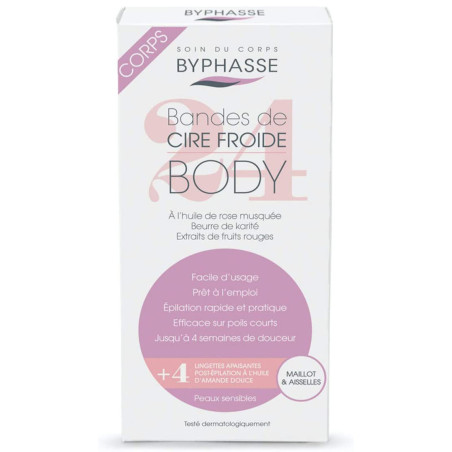 24 Cold Wax Strips Bikini and Underarms 4 Wipes - Byphasse