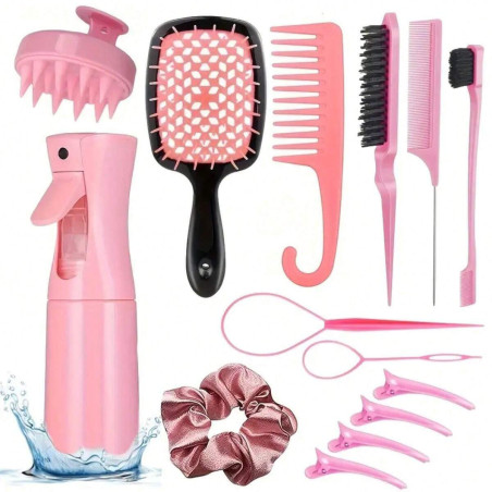 Set 14 Pièces Brosses - Peignes - Accessoires Cheveux - Rose