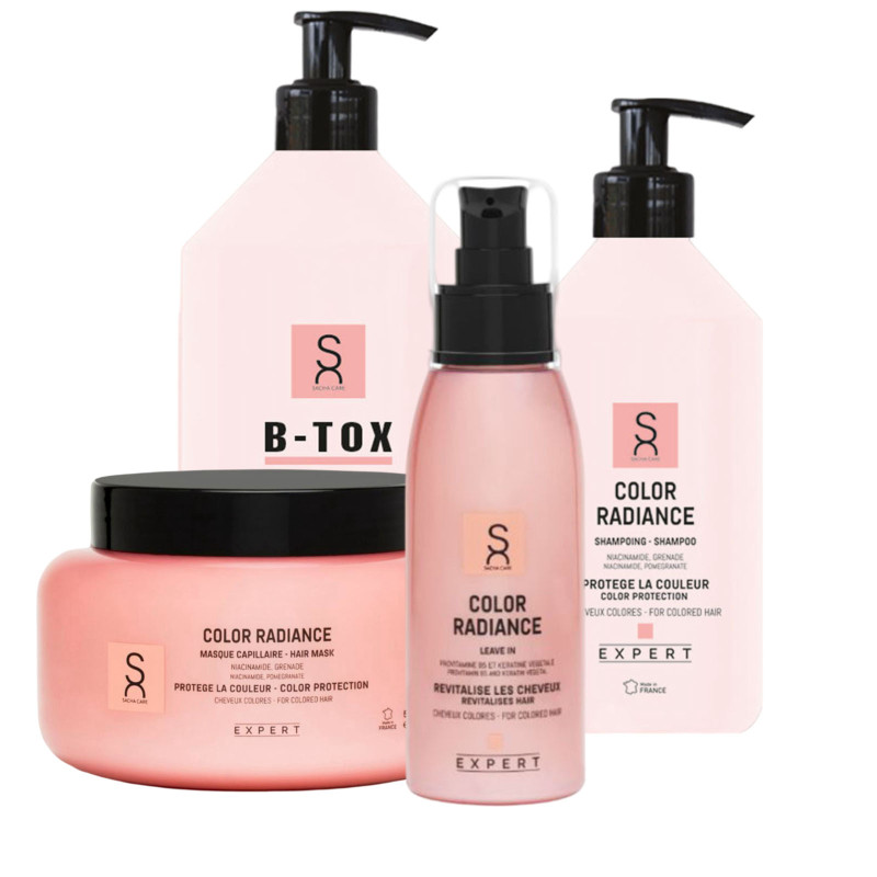 Coffret de Soins Color Radiance - Shampoing 500ml - Masque 500ml - B-Tox 1000ml - Leave-In 100ml - Sacha Care