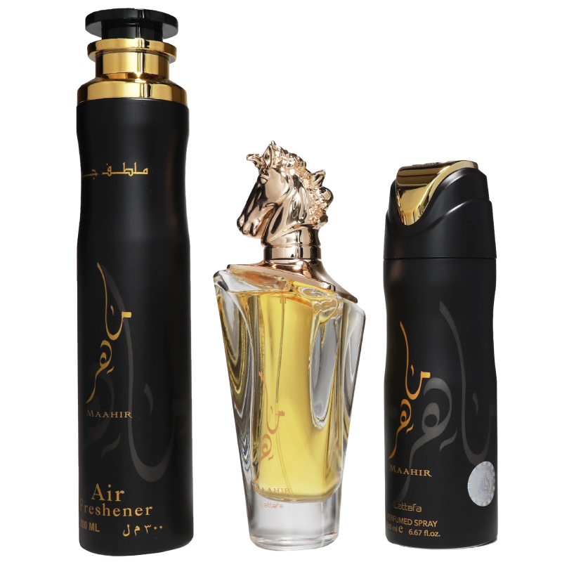 Coffret Cadeau Maahir - Eau de Parfum 100 ml - Déodorant 200 ml - Désodorisant 300 ml - Lattafa